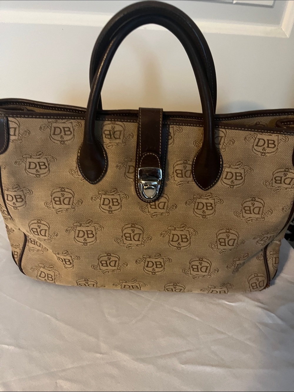 Dooney & Bourke Tan Canvas DB Monogram Tote with Brown Trim